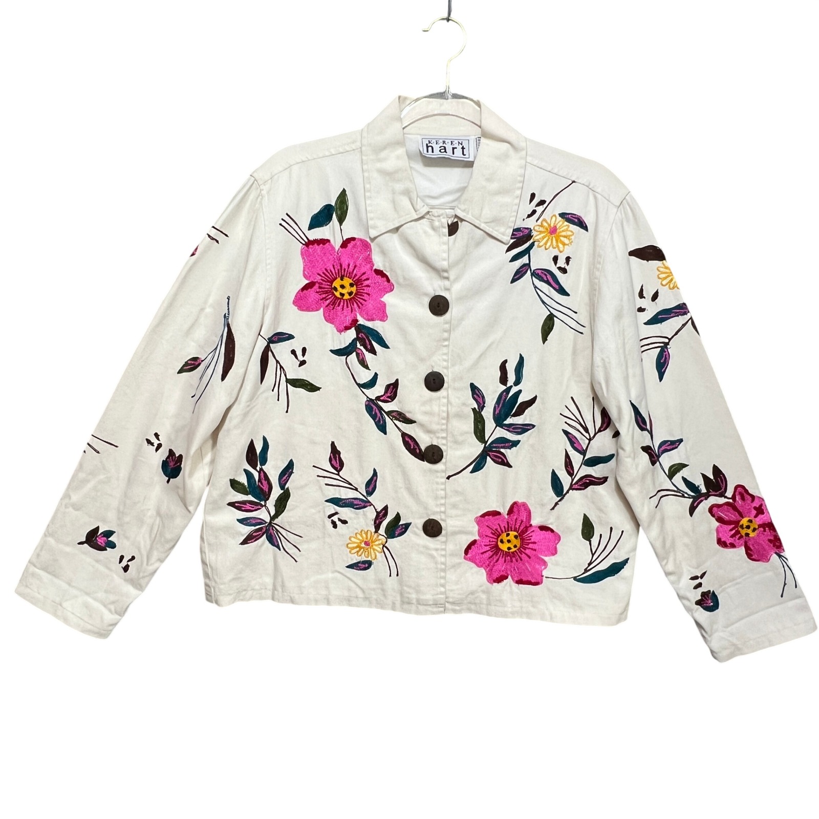 Womens Floral Embroidered Button Front Jacket Cotton Sz L Boho Whimsical Cottage